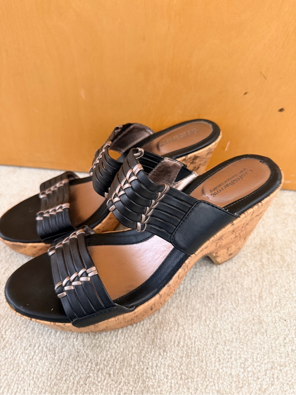 croft & barrow Black Leather Cork Wedge Slide Sandals